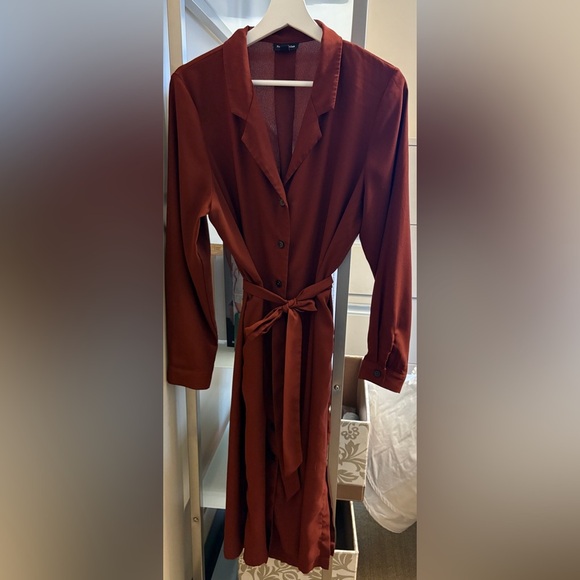 Frank & Oak Burnt Sienna Button-Down Collared Tie-waist Knee-length Dress Large - Picture 3 of 10